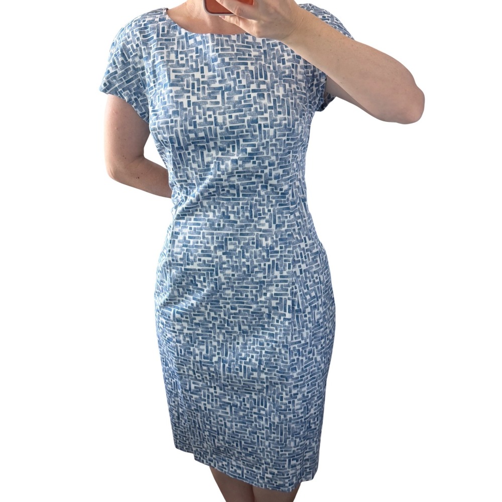 Peserico Blue White Geometric Cap Sleeve Sheath Dress Luxury‎ IT 42 US 6 Italy